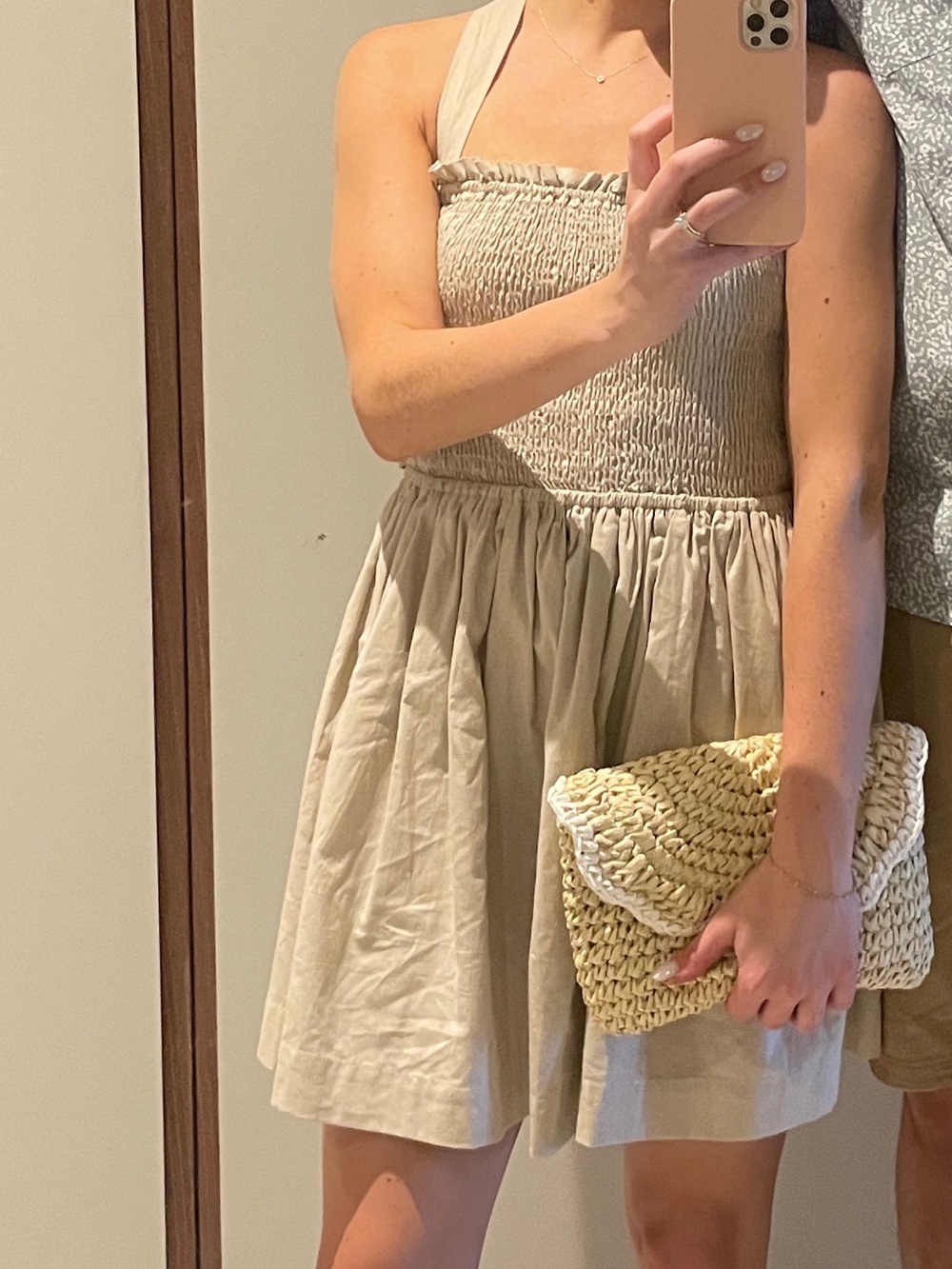 Mable Beige Smocked Sundress with Tie Straps